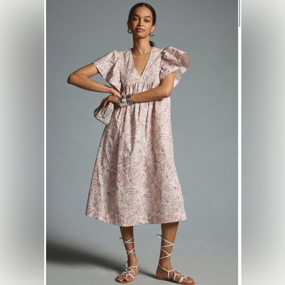 Anthropologie Maeve Printed Flutter-Sleeve Baby Doll Dress, Petite XL